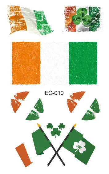 Tattoo sticker paper with St. Patrick's Day shamrock and Irish flag designs measuring 120×75mm