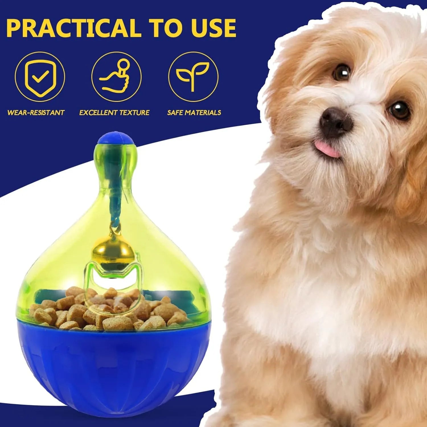 Interactive pet treat dispenser tumble ball toy measuring 14x10x10cm for dogs and cats