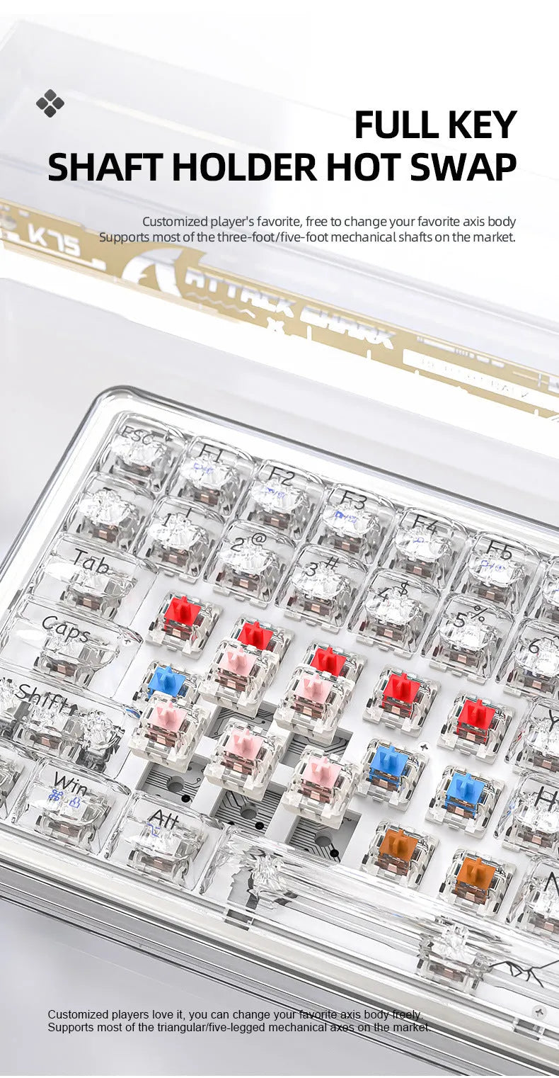 Attack Shark K75RGB wireless mechanical keyboard with transparent black case showing RGB backlighting