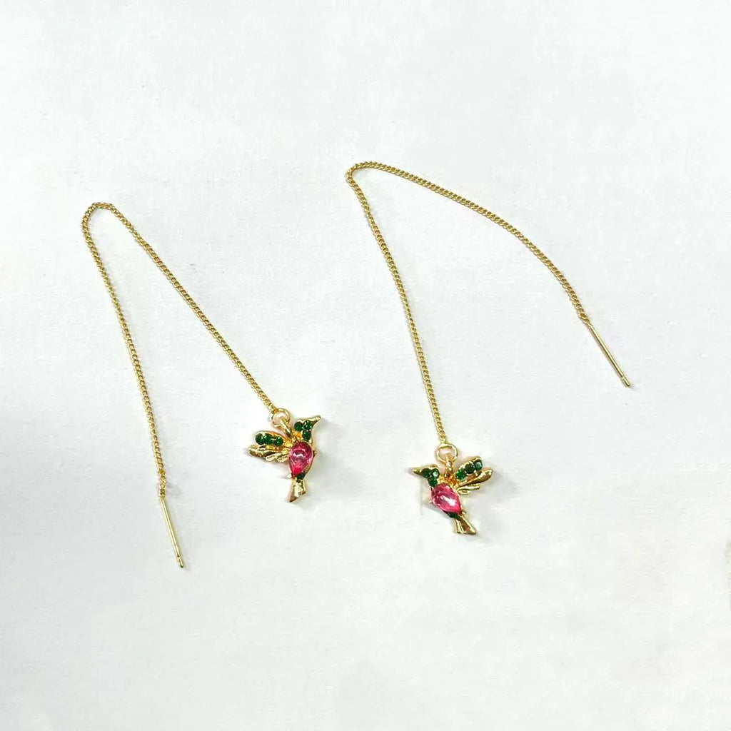 Long style bird hanging earrings with mixed zircon wings in red or blue electroplated alloy for women
