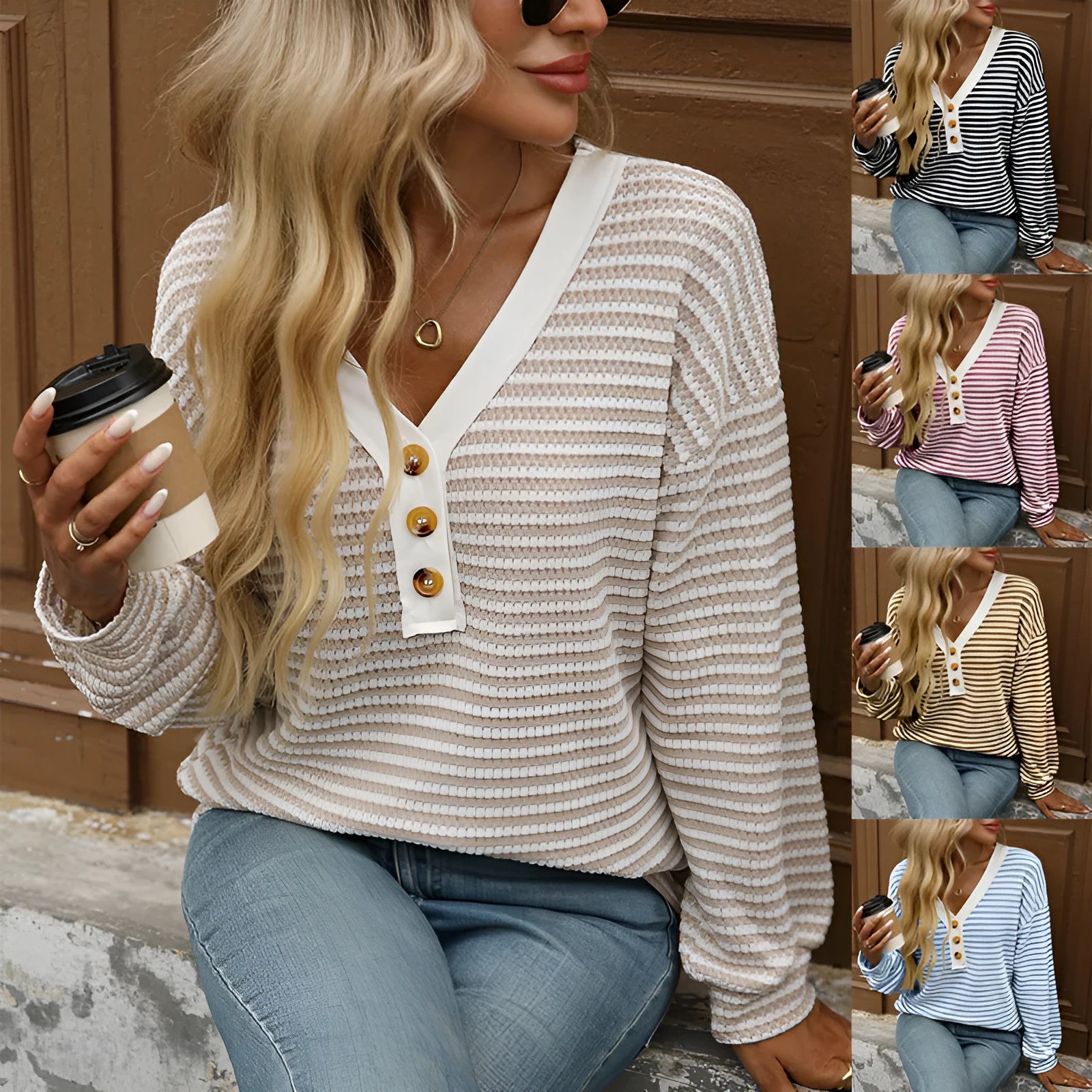 Women's V-neck patchwork casual top in loose fit with long sleeves