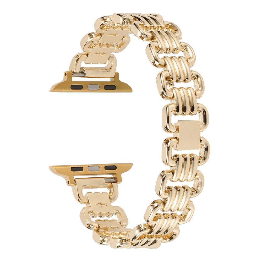 Alloy metal Apple Watch replacement bracelet in silver, black, gold, rose gold, and Starlight colours.