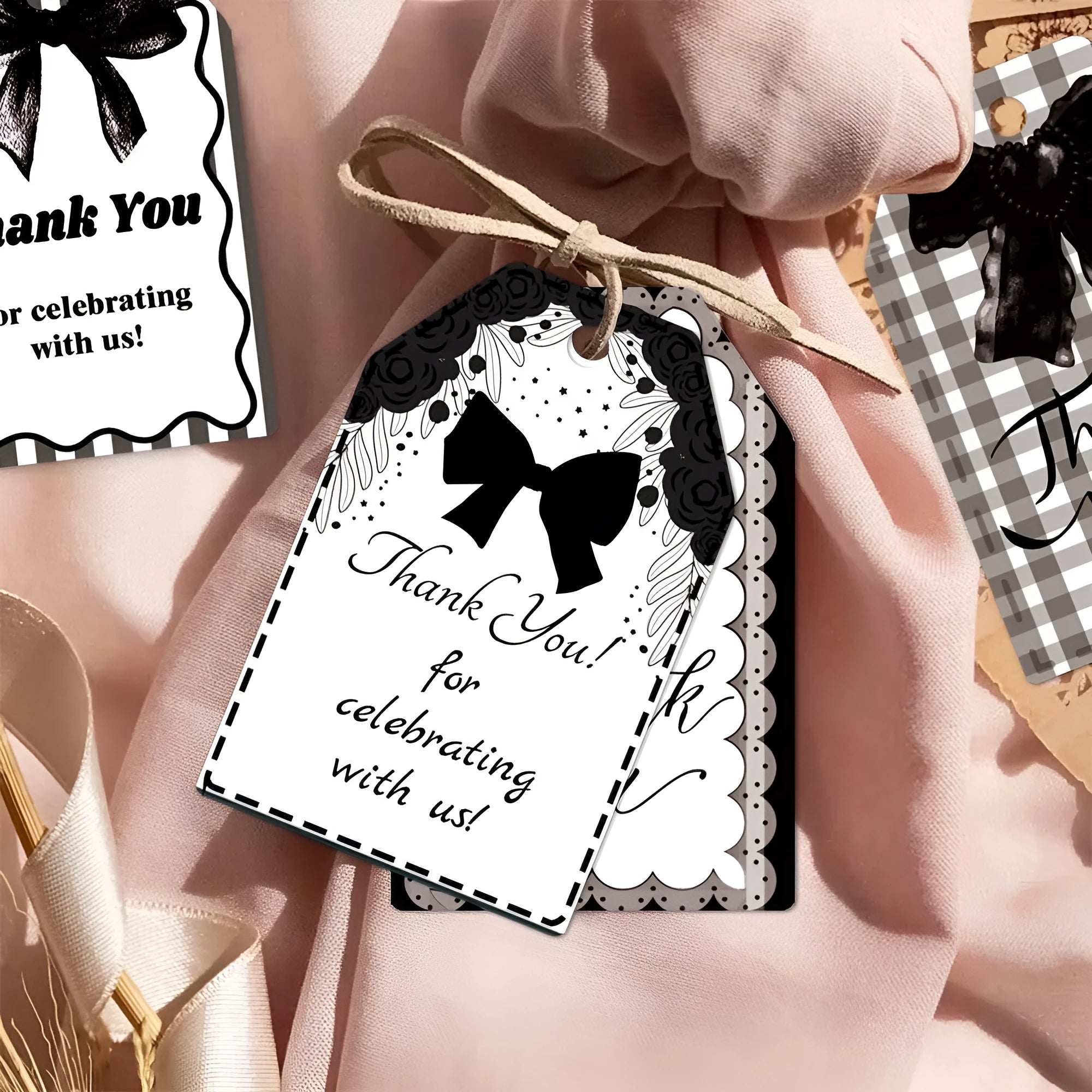 Birthday gift tags with bowknot decoration in three style variations including hemp rope ties
