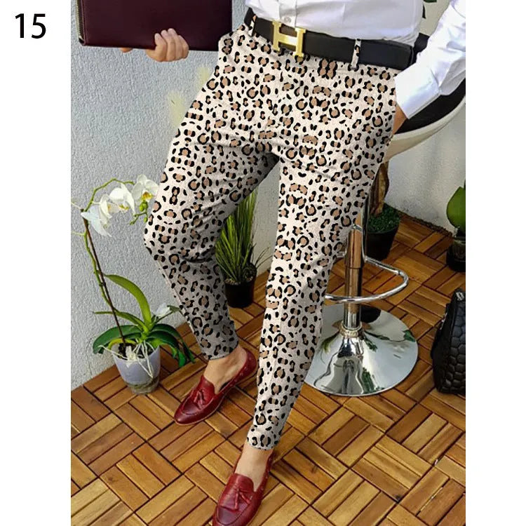 Men's slim-fit plaid trousers with 3D printed pattern in polyester blend fabric for autumn winter wear