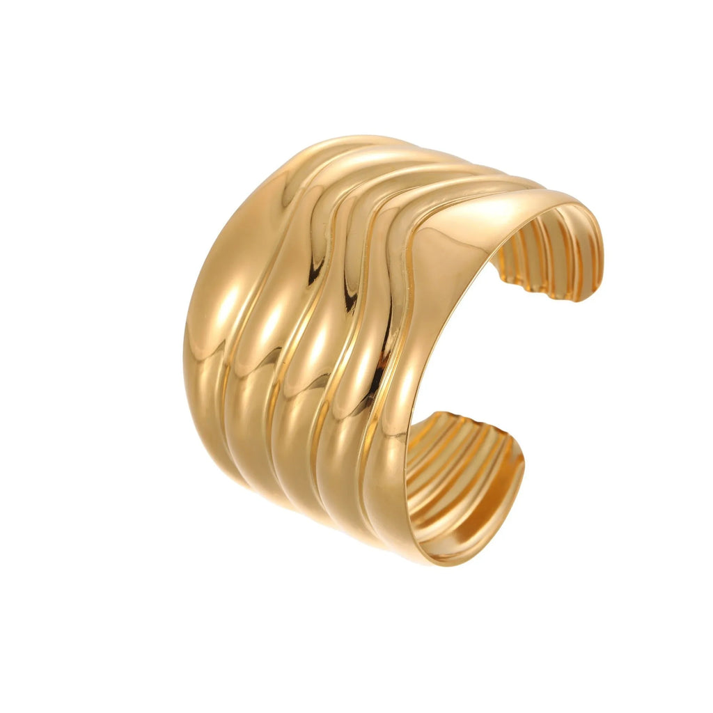 Women's exaggerated wide geometric bracelet stainless steel 18K gold plated wave design