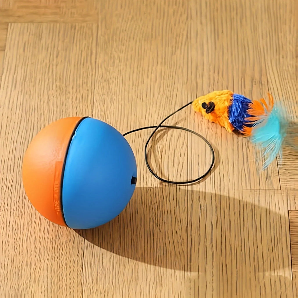 Interactive blue and orange cat toy ball with plush mouse attachment for feline exercise