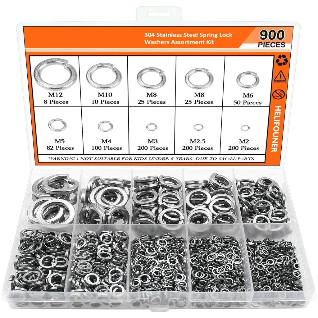 304 stainless steel spring lock washer combination box containing 900 pieces with sizes from 2mm to 12mm inner diameter