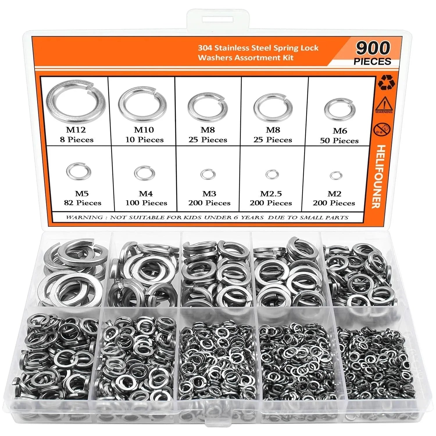 304 stainless steel spring lock washer combination box containing 900 pieces with sizes from 2mm to 12mm inner diameter