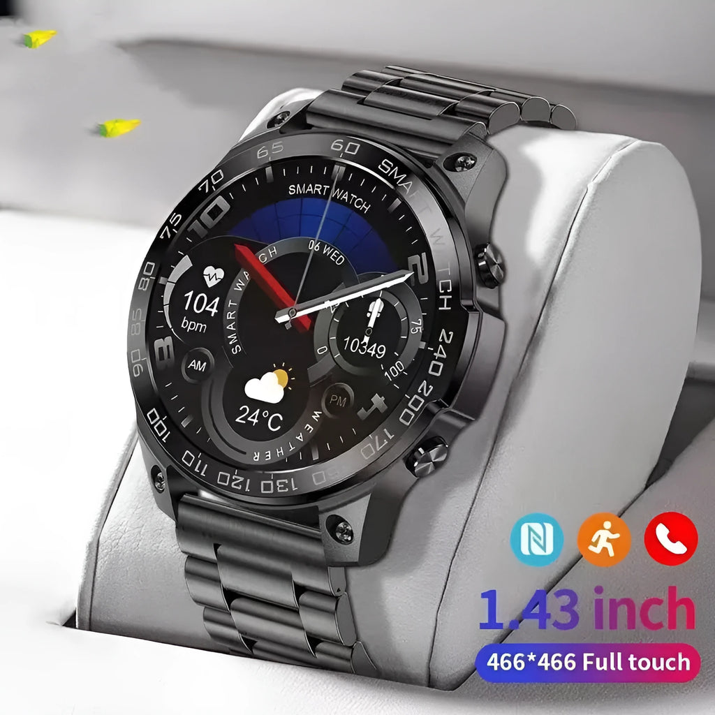 Bluetooth sports watch with round AMOLED display and silicone strap showing heart rate monitoring and call functions