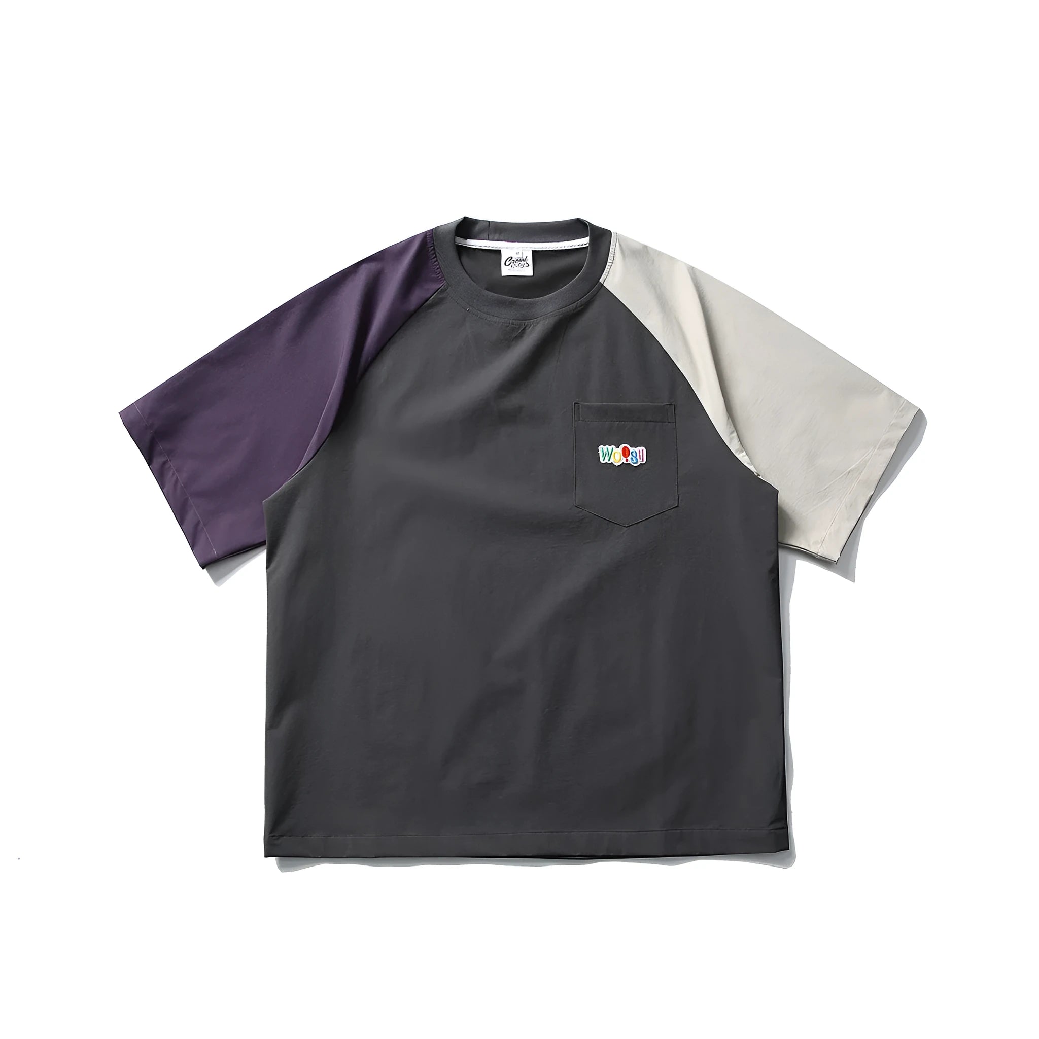 Dark grey men's t-shirt with contrast colour raglan sleeves in loose fit