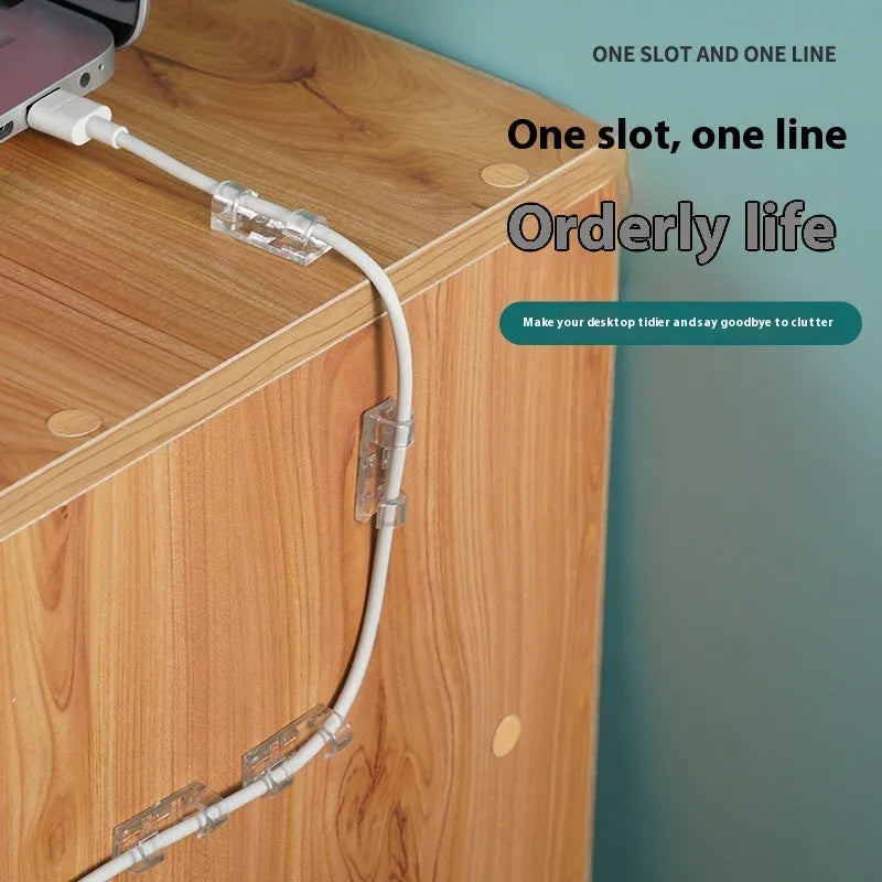 Transparent plastic self-adhesive cable clips in four size variants for wire organisation