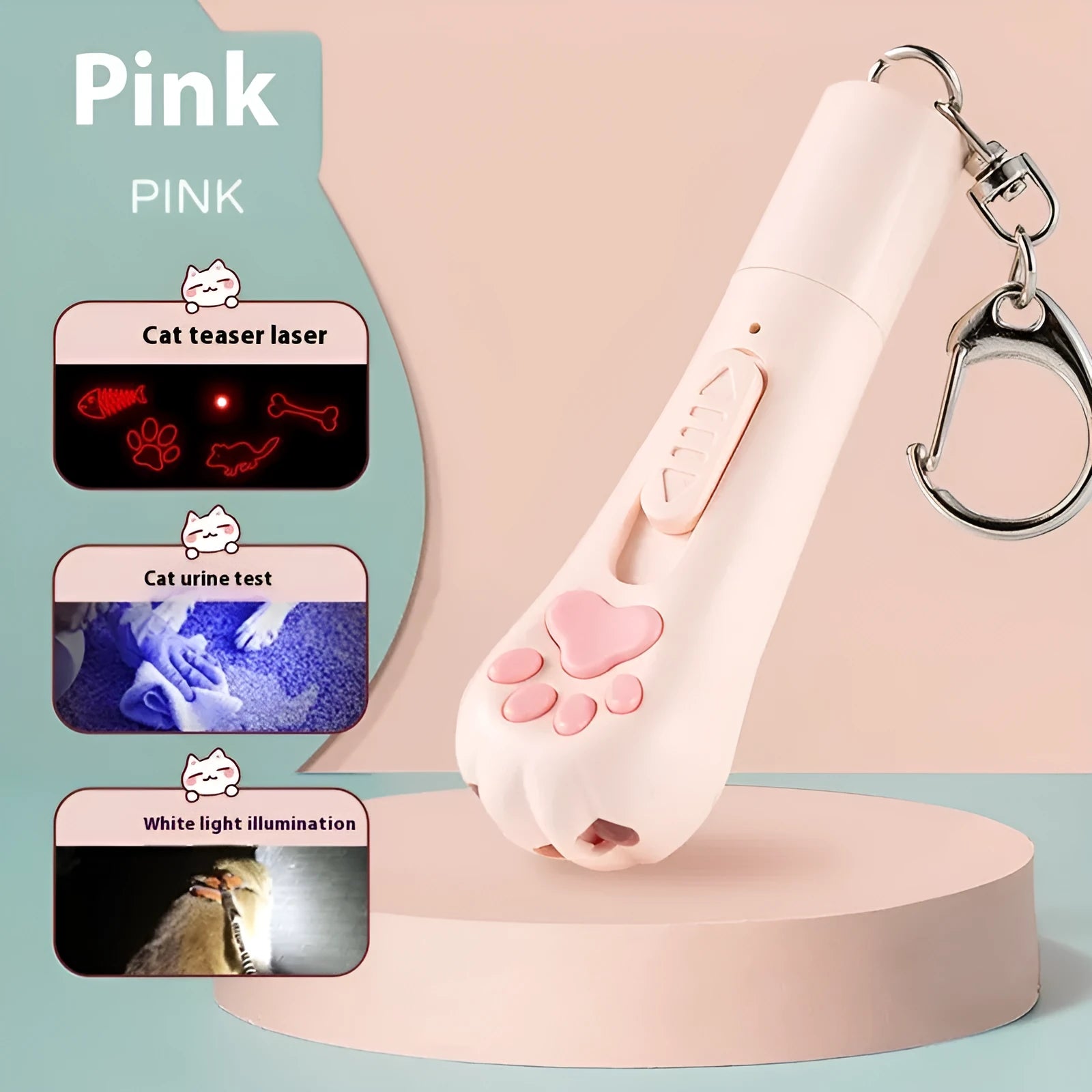 USB rechargeable cat teaser pen light with colourful LED and feather attachment in pink, cream, or blue