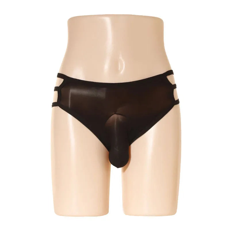 Men's transparent elephant nose shorts in nylon, shown in free size and multiple colour options.