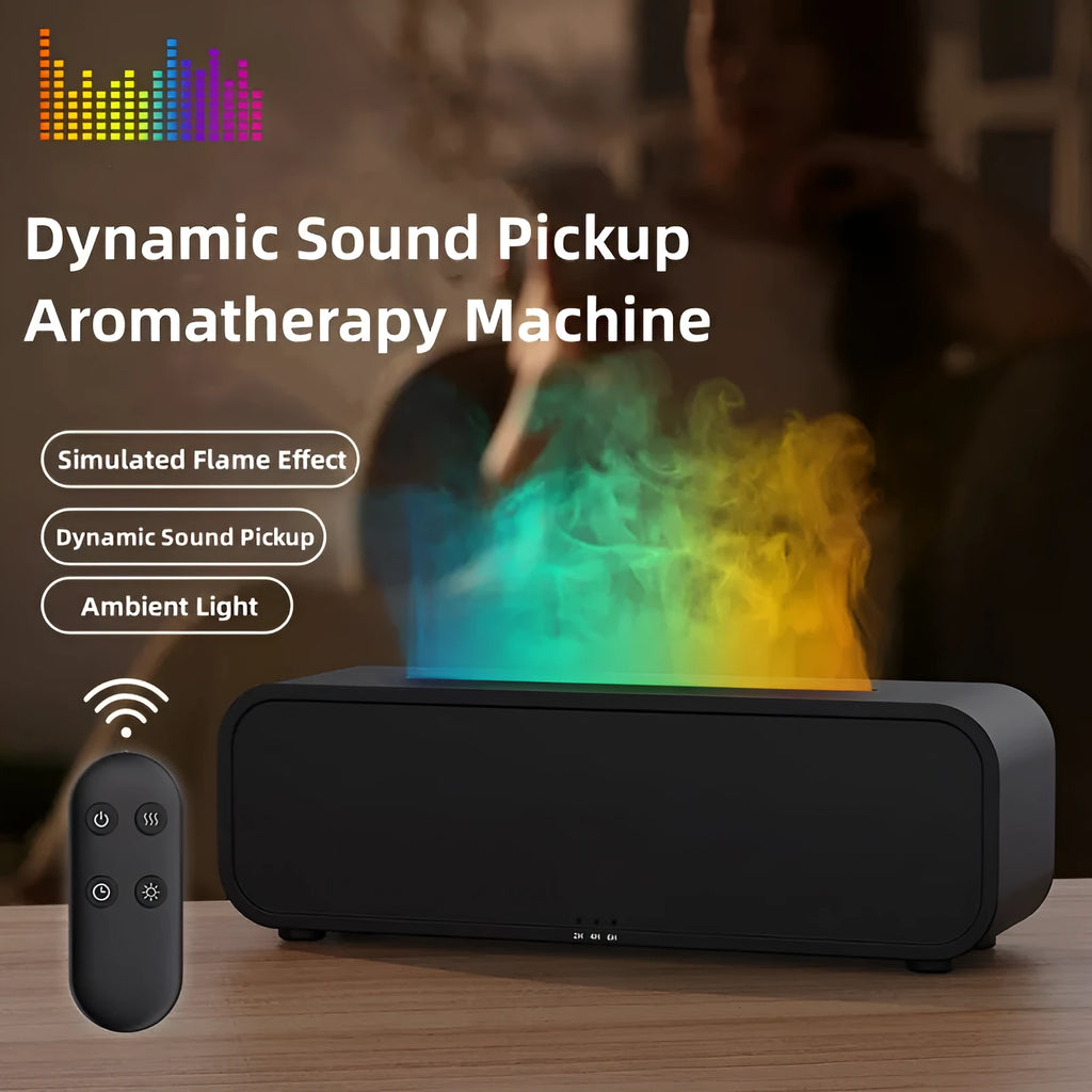 Black and white aroma diffuser with flame animation and coloured LED lights on a wooden table.