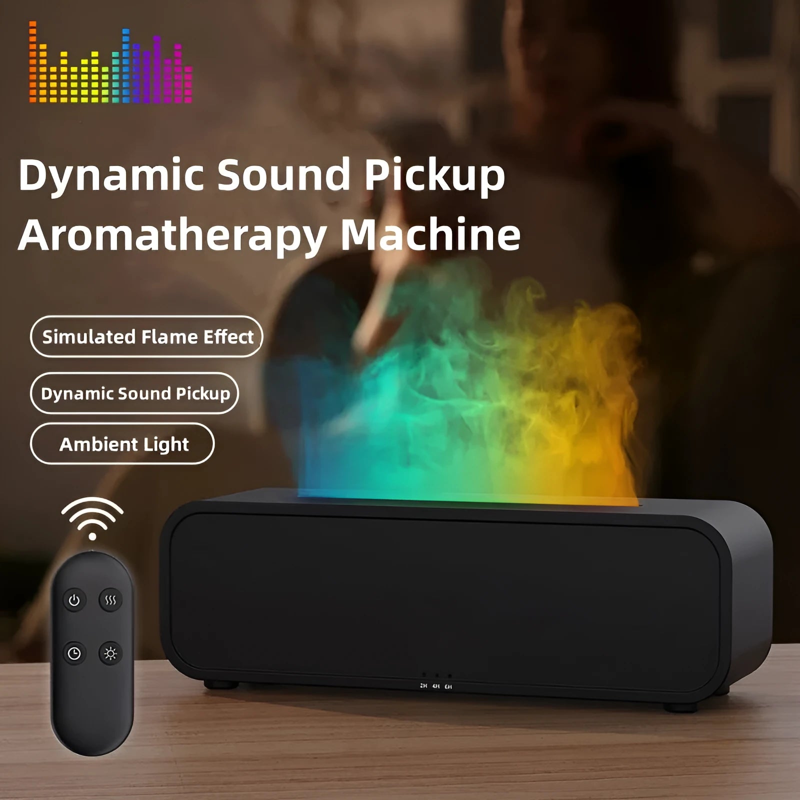 Black and white aroma diffuser with flame animation and coloured LED lights on a wooden table.