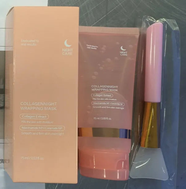 75ml bottle of collagen face night mask with application brush for evening skin care.