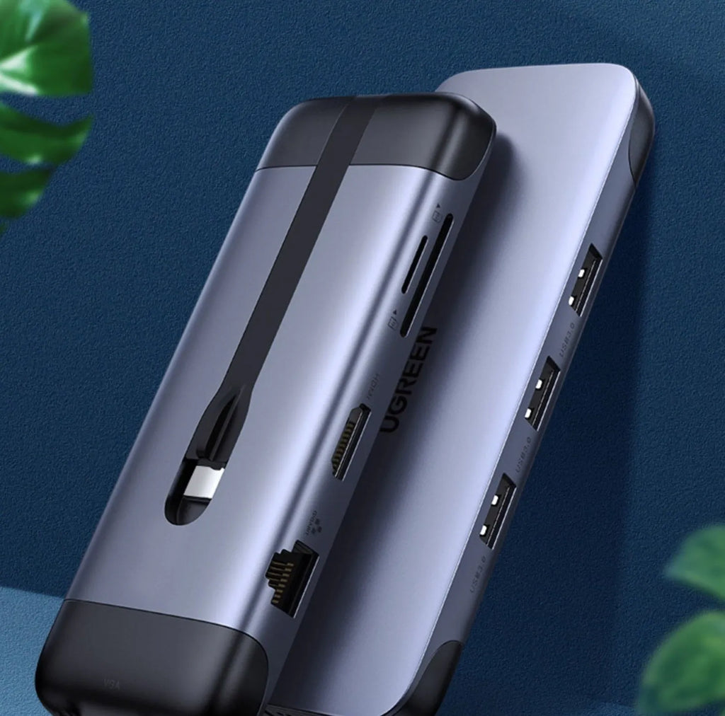 USB-C to HDMI, USB 3.0, PD charging, VGA, and Ethernet docking station adapter with short cable.