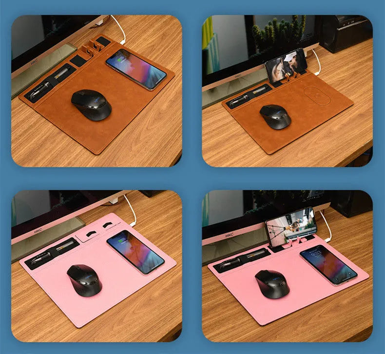 Pink wireless charging mouse pad with phone holder on a desk, dimensions 320mm by 260mm.