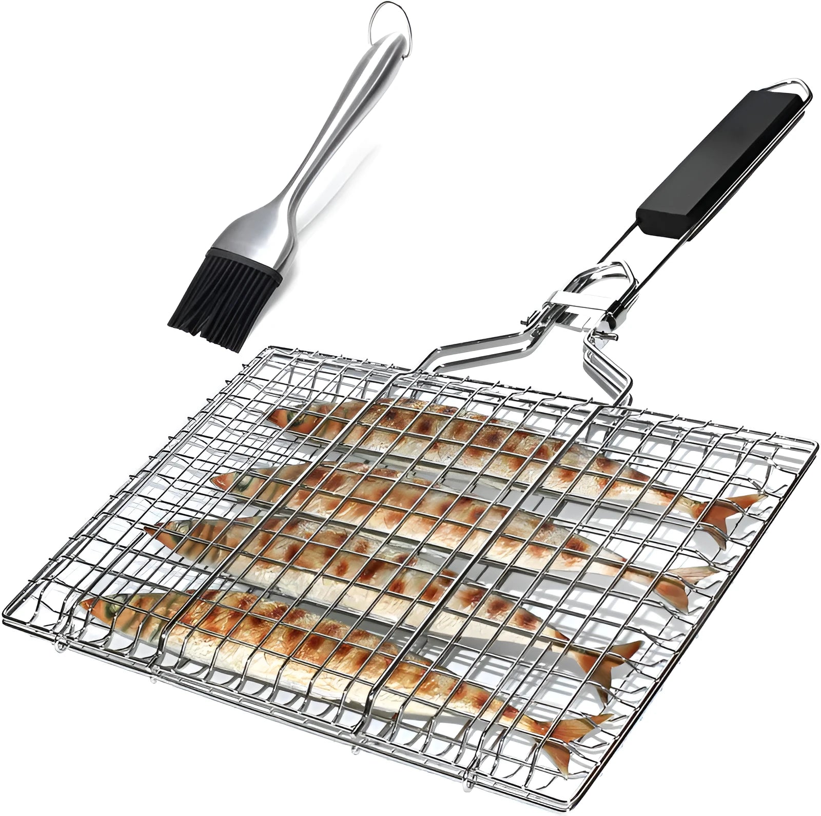 Stainless steel square folding barbecue mesh basket with cleaning brush
