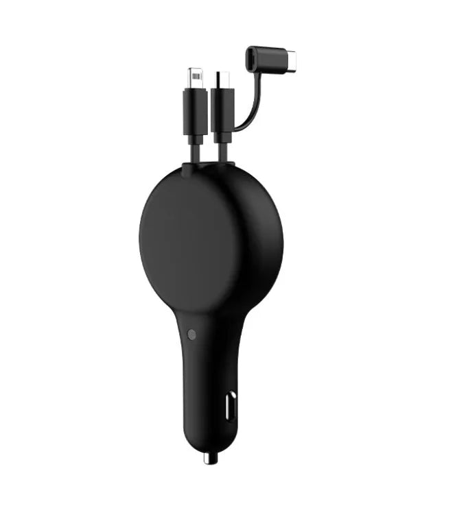 Black retractable car charger with extended cables showing three different charging head types