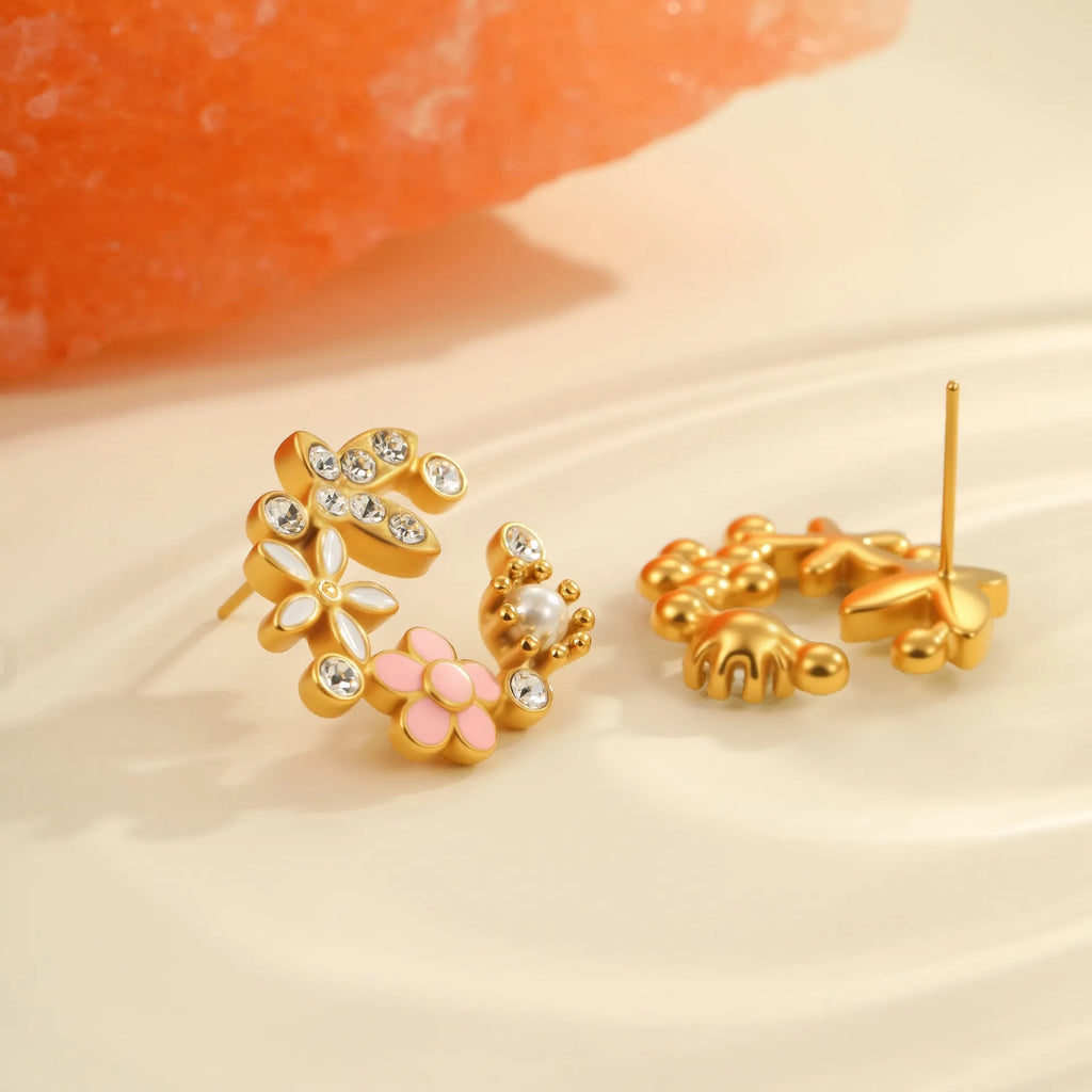 Colourful flower stud earrings with petal design on stainless steel posts