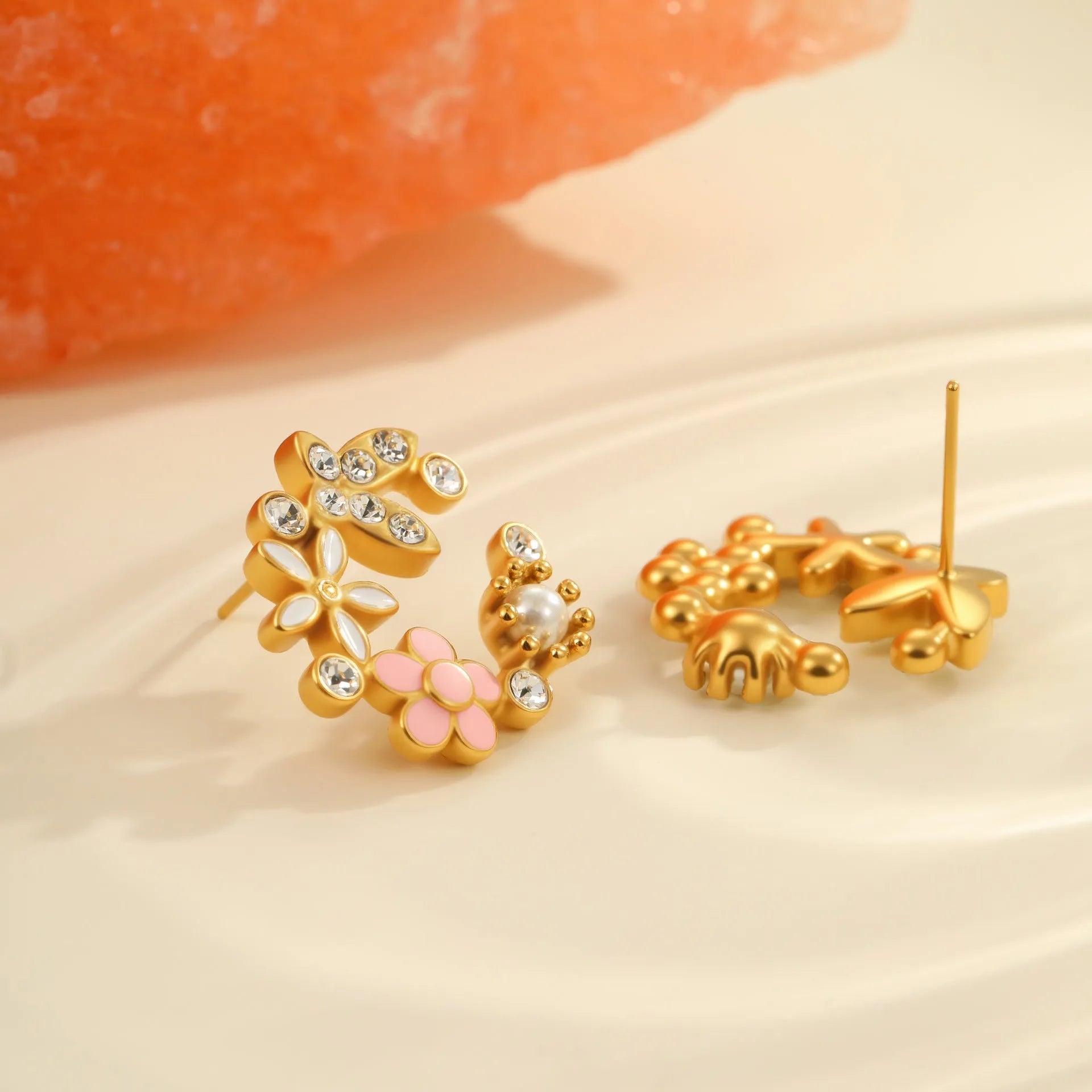 Colourful flower stud earrings with petal design on stainless steel posts