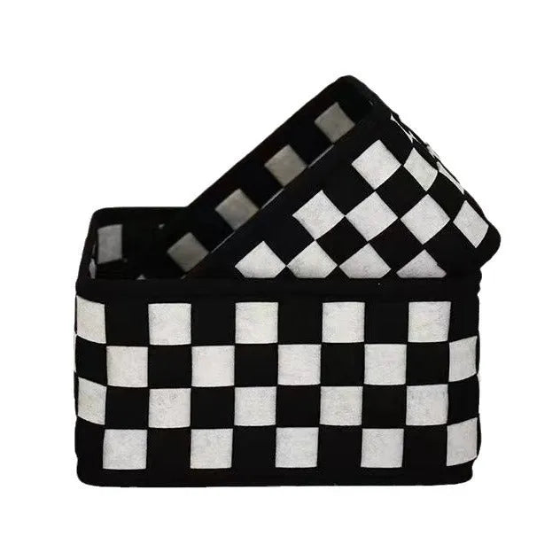 Checkerboard woven grey felt storage basket with folded sides showing its 37x29x19.5cm size.
