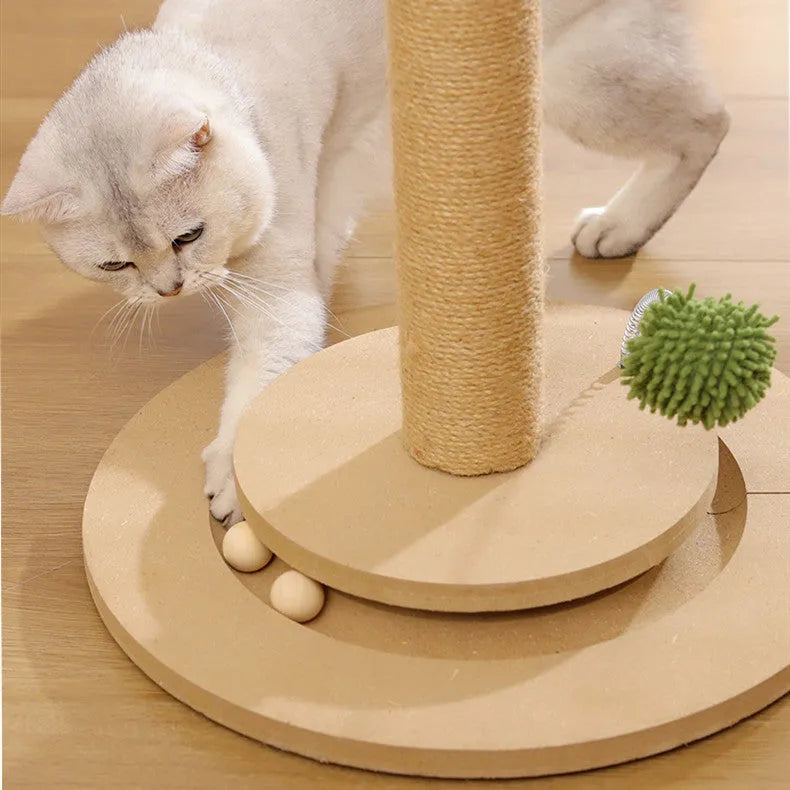 Canna coloured vertical cat climbing frame with hemp rope scratching posts and chamfered grab columns