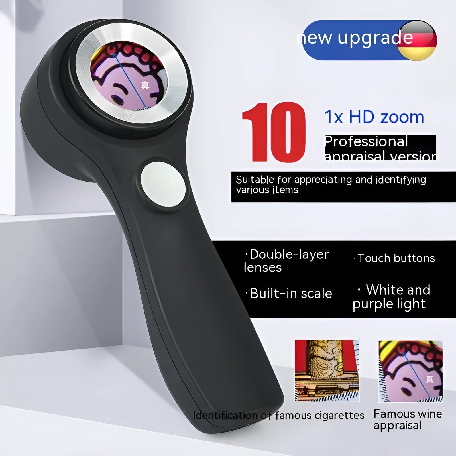Black jewellery appraisal magnifying glass with LED lights and USB-C charging port
