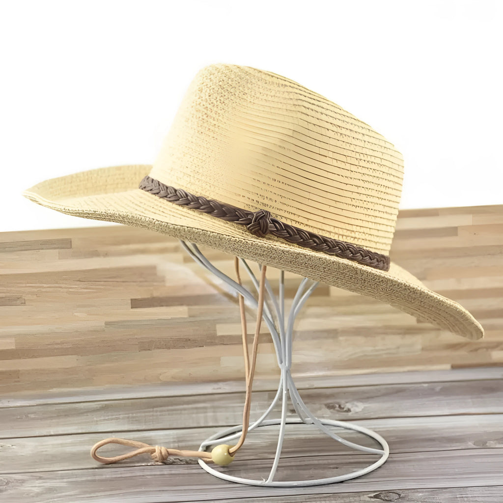 Men's foldable wide-brim straw sun hat in mixed beige shown in three circumference sizes
