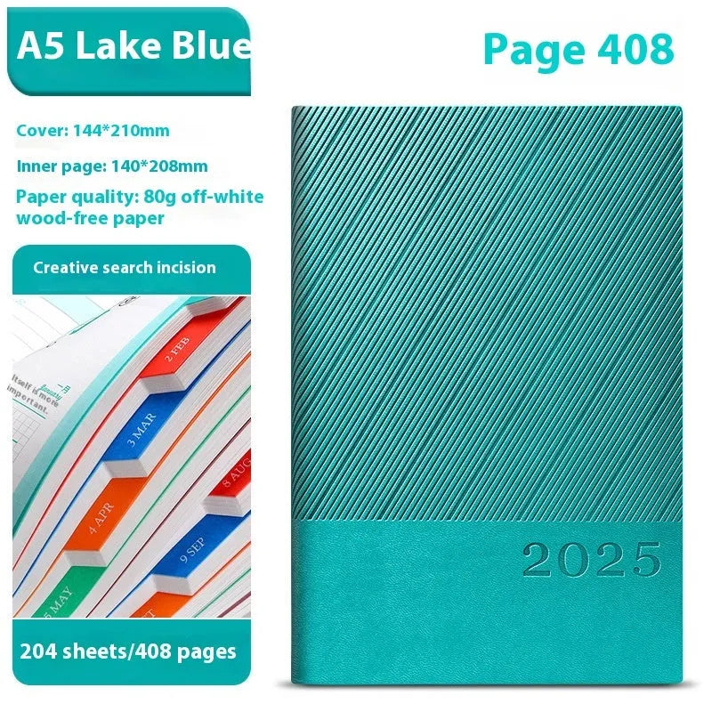 A5 striped PU leather business notepad open on a desk, showing thickened paper, available in eight colours.