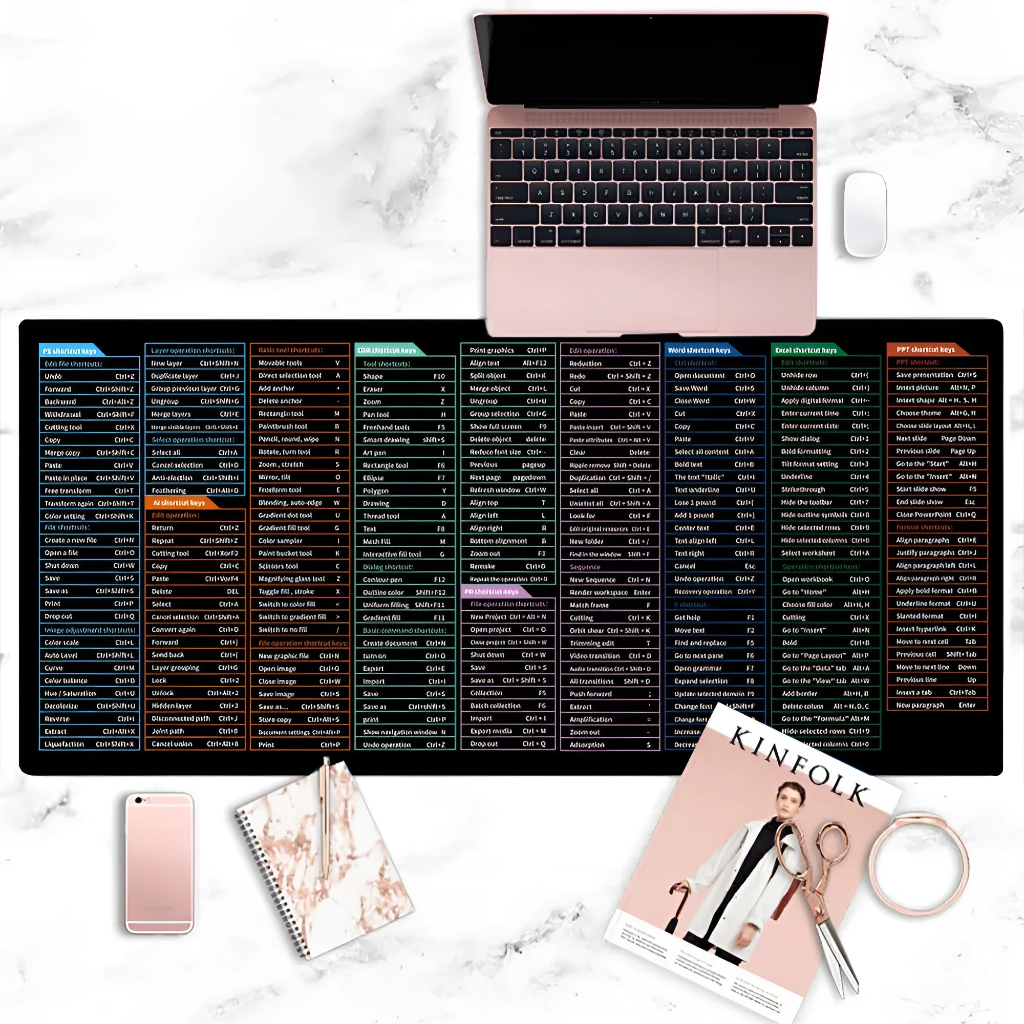 Super large office mouse mat with printed English keyboard shortcut keys in multiple size options