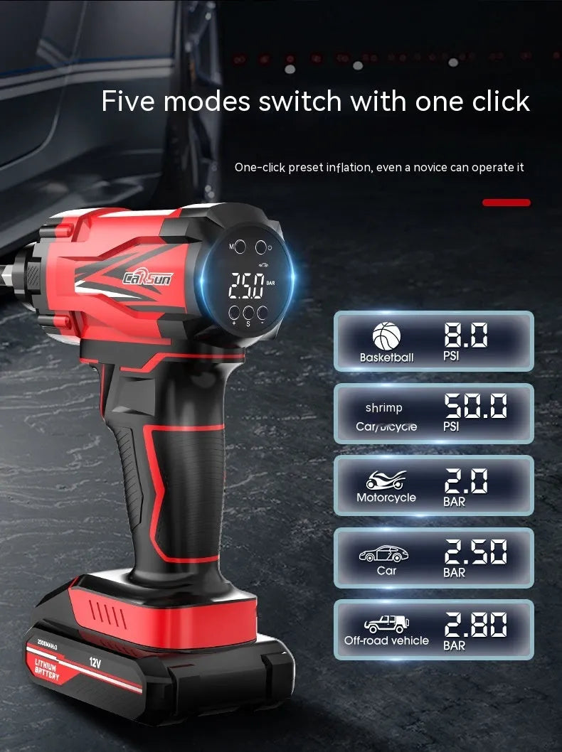 Red and black portable car air pump with digital display, power cable, and set of inflation nozzles on a grey background.