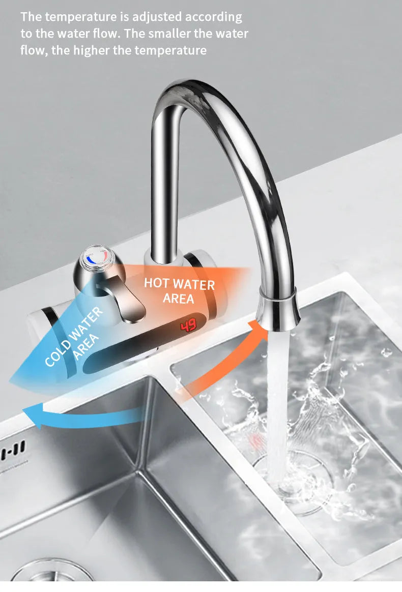 White kitchen instant electric water heater tap with digital temperature display and power cord.