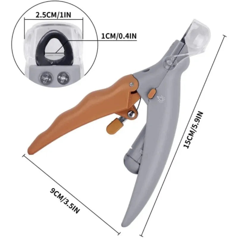 Yellow pet nail clipper with LED light and magnifier for dog and cat grooming