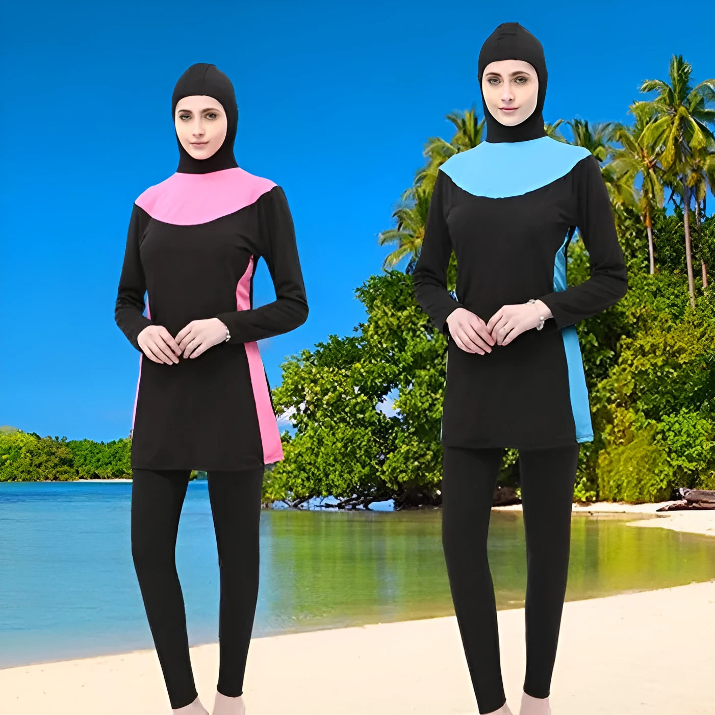 Conservative long-sleeved hooded two-piece swimsuit for women in black with coloured accents.