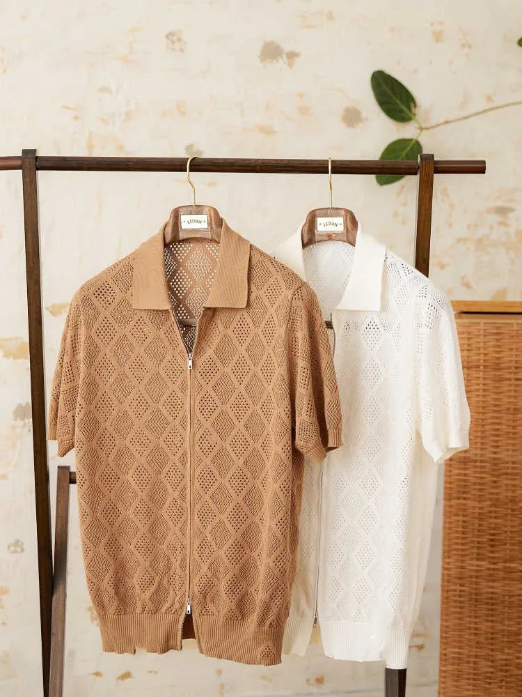 Men's light coffee cotton cardigan with zipper front and lapel collar shown on hanger