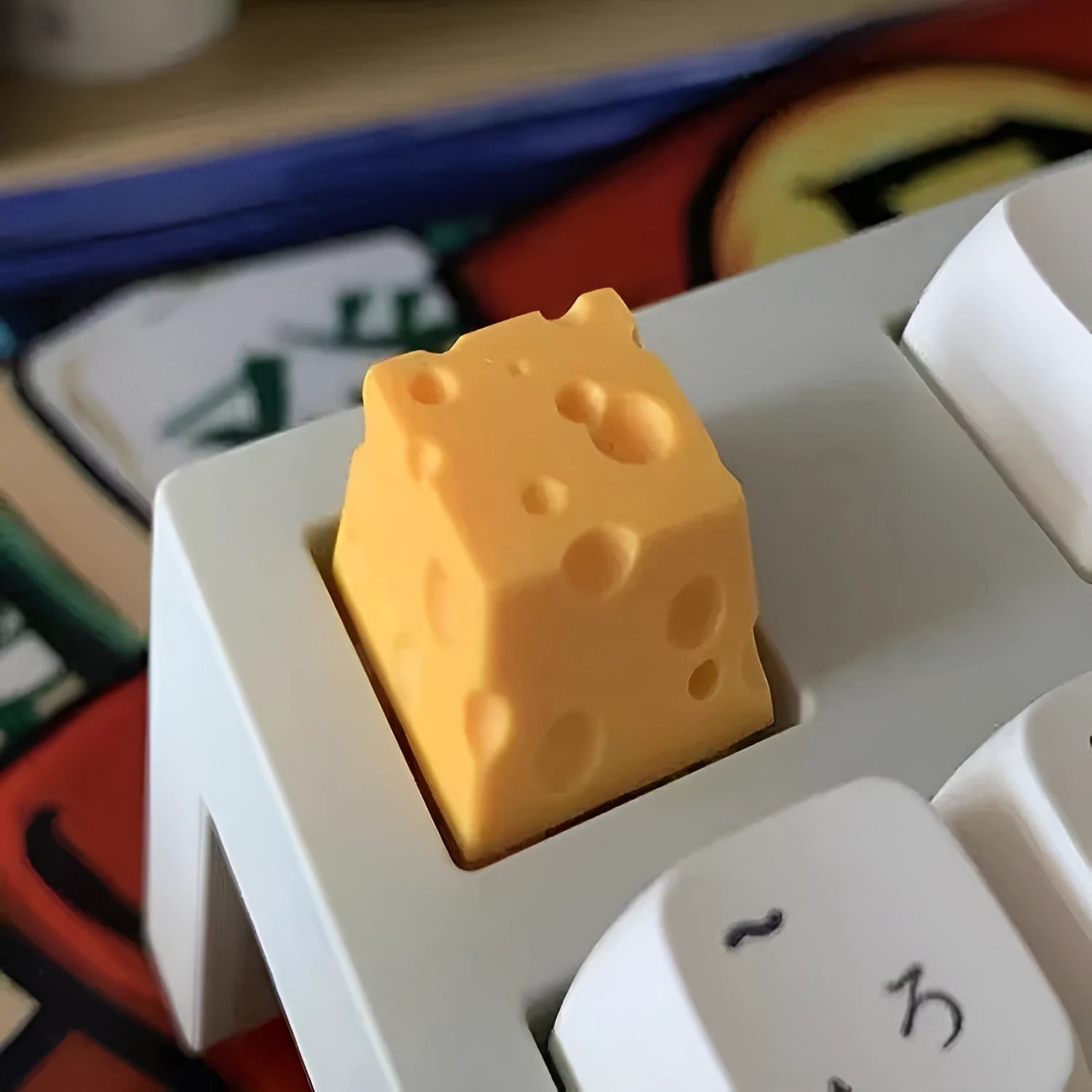 Yellow resin cheese decorative key cap with detailed 3D sculpted design for mechanical keyboards