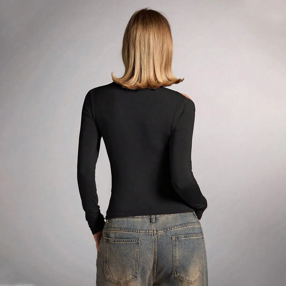 Black women's halter top with shoulder-baring design and regular long sleeves