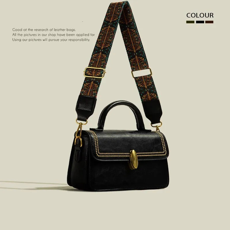 Brown retro messenger bag with square vertical shape showing front sandwich pocket and shoulder strap.