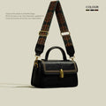 Brown retro messenger bag with square vertical shape showing front sandwich pocket and shoulder strap.