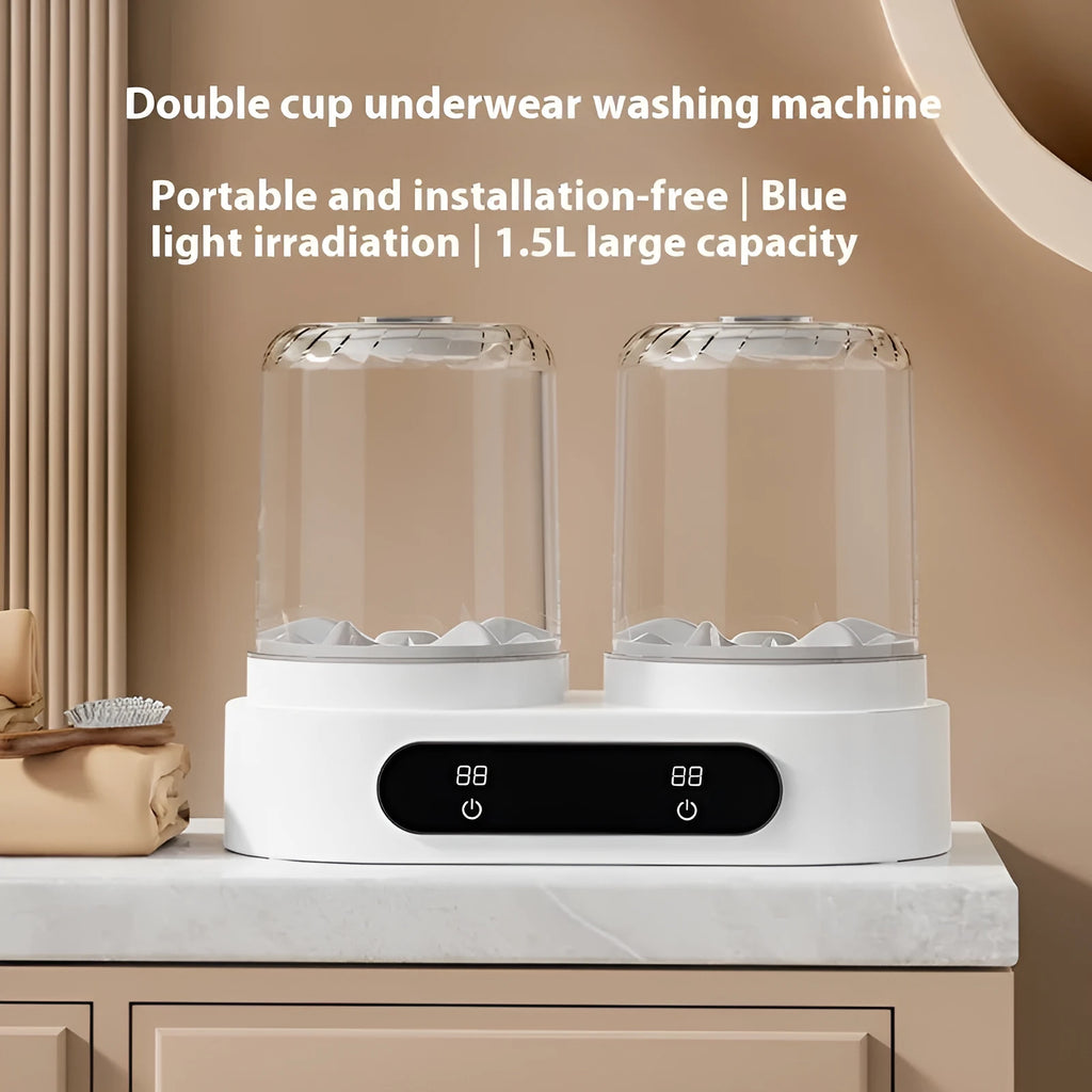 White mini washing machine with double bucket design and USB power connection