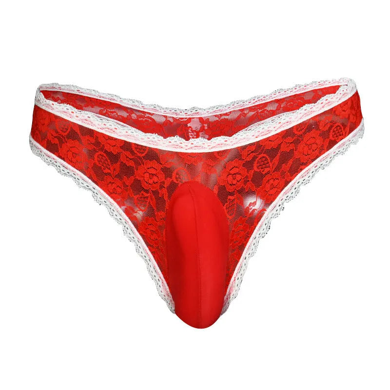 Qing He men's briefs with vertical bag design in lace or shiny fabric, low waist style