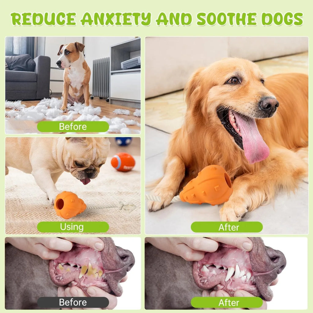 A natural rubber stuffable dog toy for small to medium breeds, shown with a hollow centre for treats.