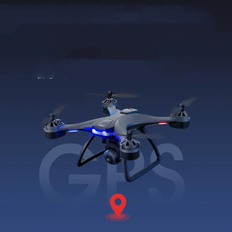 White plastic quadrocopter drone with four rotors, a dual camera system on the front, and blue propeller guards.