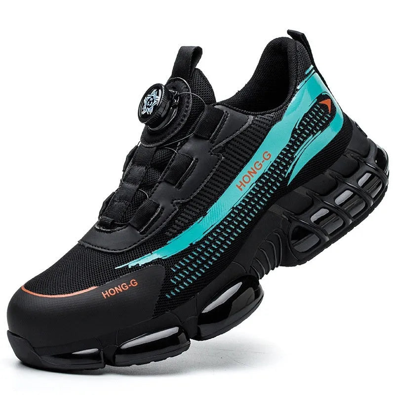 Low-top black safety work shoes with laces, a steel toe cap, and an anti-puncture sole.