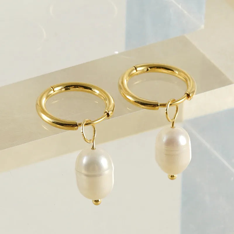Gold electroplated stainless steel geometric earrings with pearl elements for women