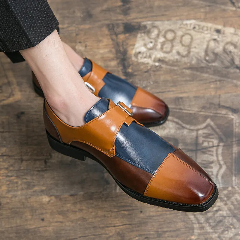 Men's brown blue retro buckle casual leather shoes with tall crown height.