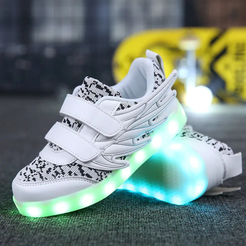 Children's plum red and white USB-rechargeable light-up sneakers with colourful LED lights.