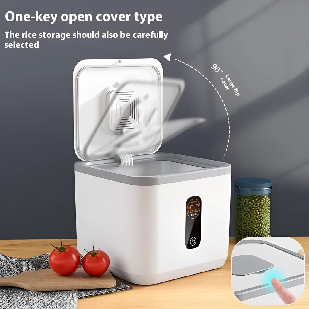 Grey plastic sealed rice storage container with measuring cup in three capacity sizes for kitchen use